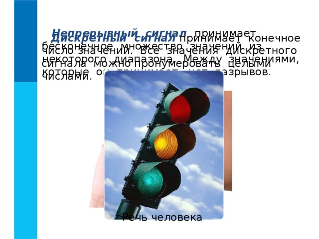 Непрерывный сигнал принимает бесконечное множество значений из некоторого диапазона. Между значениями, которые он принимает, нет разрывов. Дискретный сигнал принимает конечное число значений. Все значения дискретного сигнала можно пронумеровать целыми числами. Речь человека 