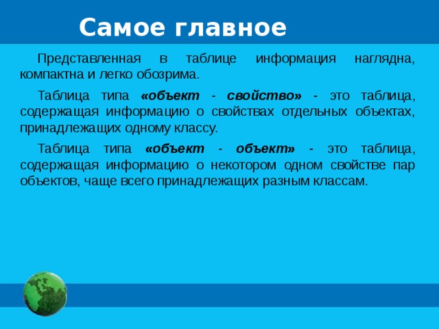 Самое главное Представленная в таблице информация наглядна, компактна и легко обозрима. Таблица типа «объект - свойство» - это таблица, содержащая информацию о свойствах отдельных объектах, принадлежащих одному классу. Таблица типа «объект - объект» - это таблица, содержащая информацию о некотором одном свойстве пар объектов, чаще всего принадлежащих разным классам. 