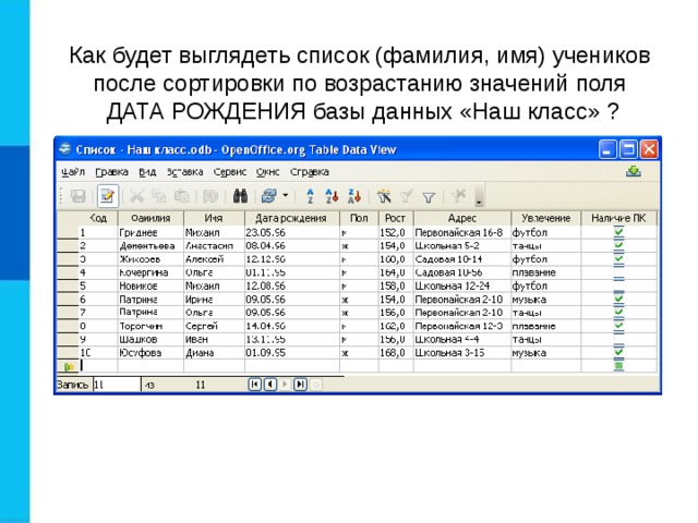 Как будет выглядеть список (фамилия, имя) учеников после сортировки по возрастанию значений поля  ДАТА РОЖДЕНИЯ базы данных «Наш класс» ? 