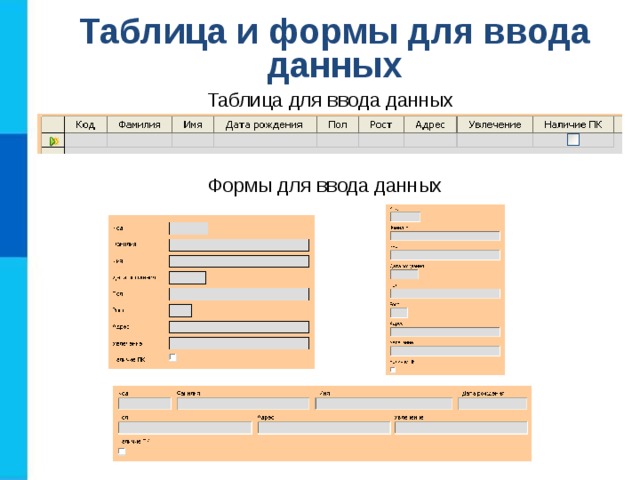 Таблица и формы для ввода данных Таблица для ввода данных Формы для ввода данных 