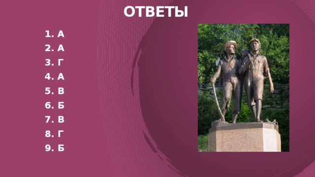 ответы 1. а 2. А 3. Г 4. А 5. в 6. б 7. В 8. г 9. б  