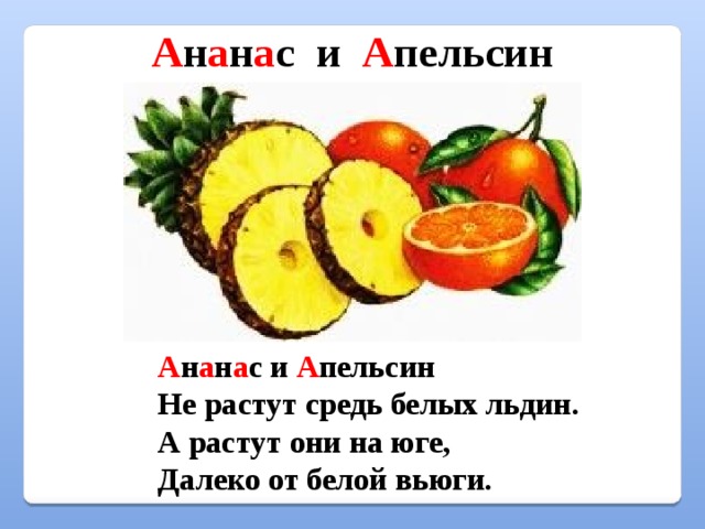 Почему а поется а б нет презентация. Ананас и апельсин не растут средь белых льдин. Стих про ананас. Стишок про ананас. Ананас стихотворение детское.