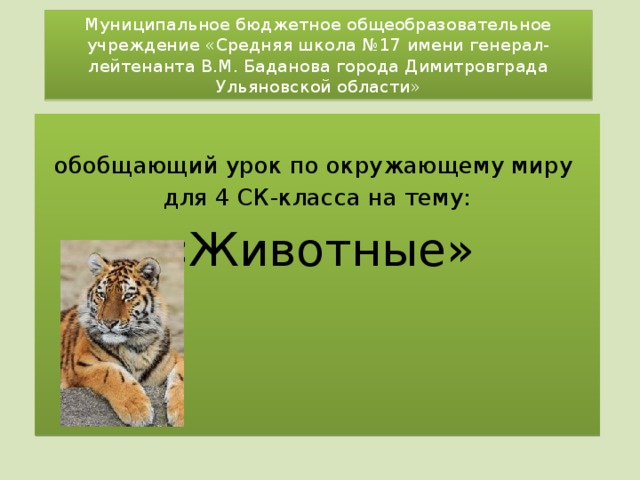 Муниципальное бюджетное общеобразовательное учреждение «Средняя школа №17 имени генерал-лейтенанта В.М. Баданова города Димитровграда Ульяновской области» обобщающий урок по окружающему миру для 4 СК-класса на тему: «Животные» 