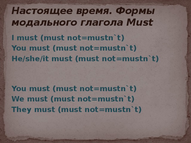 Настоящее время. Формы модального глагола Must I must (must not=mustn`t) You must (must not=mustn`t) He/she/it must (must not=mustn`t)  You must (must not=mustn`t) We must (must not=mustn`t) They must (must not=mustn`t) 