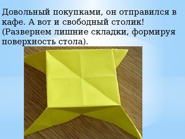 Довольный покупками, он отправился в кафе. А вот и свободный столик! (Развернем лишние складки, формируя поверхность стола). 