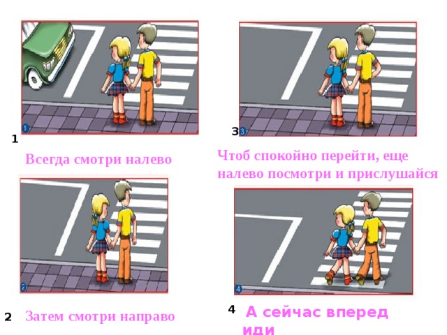 3 1 Чтоб спокойно перейти, еще налево посмотри и прислушайся  Всегда смотри налево  А сейчас вперед иди 4 Затем смотри направо 2 