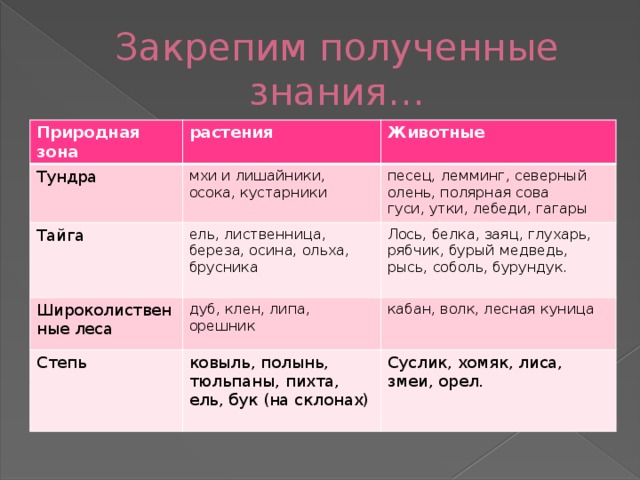 Закрепим полученные знания… Природная зона растения Тундра Тайга Животные мхи и лишайники, осока, кустарники ель, лиственница, береза, осина, ольха, брусника песец, лемминг, северный олень, полярная сова Широколиственные леса гуси, утки, лебеди, гагары Лось, белка, заяц, глухарь, рябчик, бурый медведь, рысь, соболь, бурундук. дуб, клен, липа, орешник Степь ковыль, полынь, тюльпаны, пихта, ель, бук (на склонах) кабан, волк, лесная куница Суслик, хомяк, лиса, змеи, орел.
