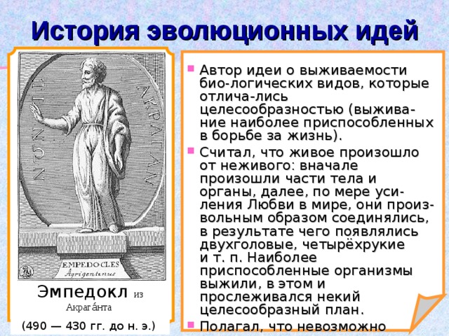 История эволюционных идей Автор идеи о выживаемости био - логических видов, которые отлича-лись целесообразностью (выжива-ние наиболее приспособленных в борьбе за жизнь). Считал, что живое произошло от неживого : вначале произошли части тела и органы, далее, по мере уси - ления Любви в мире, они произ - вольным образом соединялись, в результате чего появлялись двухголовые, четырёхрукие и т. п. Наиболее приспособленные организмы выжили, в этом и прослеживался некий целесообразный план. Полагал, что невозможно овладеть врачеванием, если не знать, не исследовать человека. Эмпедокл из Акрага́нта (490 — 430 гг. до н. э.)  