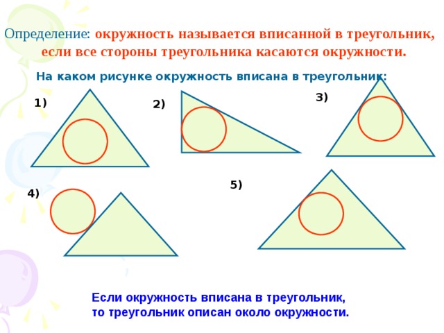 Определение: окружность называется вписанной в треугольник,  если все стороны треугольника касаются окружности. На каком рисунке окружность вписана в треугольник: 3) 1) 2) 5) 4) Если окружность вписана в треугольник, то треугольник описан около окружности. 