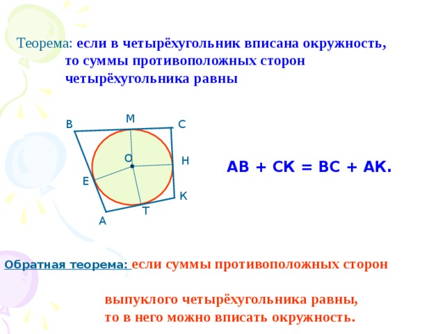 Теорема: если в четырёхугольник вписана окружность,  то суммы противоположных сторон  четырёхугольника равны М В С О Н АВ + СК = ВС + АК. Е К Т А Обратная теорема: если суммы противоположных сторон  выпуклого четырёхугольника равны,  то в него можно вписать окружность. 