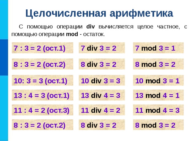 Целочисленная арифметика С помощью операции div вычисляется целое частное, с помощью операции mod - остаток. 7 mod 3 = 1 7 div 3 = 2 7 : 3 = 2 (ост.1) 8 div 3 = 2 8 : 3 = 2 (ост.2) 8 mod 3 = 2 10: 3 = 3 (ост.1) 10 div  3 = 3 10 mod 3 = 1 13 div 4 = 3 13 mod 4 = 1 13 : 4 = 3 (ост.1) 11 : 4 = 2 (ост.3) 11 div 4 = 2 11 mod 4 = 3 8 : 3 = 2 (ост.2) 8 div 3 = 2 8 mod 3 = 2 
