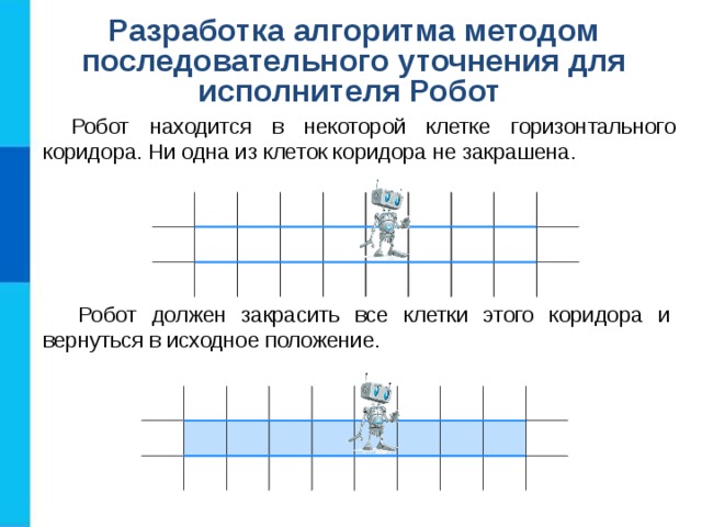 Разработка алгоритма методом последовательного уточнения для исполнителя Робот Робот находится в некоторой клетке горизонтального коридора. Ни одна из клеток коридора не закрашена. Робот должен закрасить все клетки этого коридора и вернуться в исходное положение. 