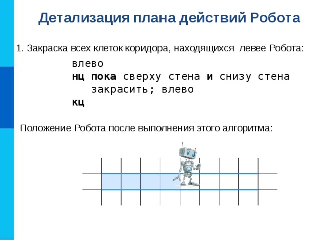 Детализация  плана действий Робота 1. Закраска всех клеток коридора, находящихся левее Робота: влево нц пока сверху стена и снизу стена  закрасить; влево кц Положение Робота после выполнения этого алгоритма: 