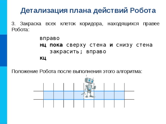 Детализация  плана действий Робота 3. Закраска всех клеток коридора, находящихся правее Робота: вправо нц пока сверху стена и снизу стена  закрасить; вправо кц Положение Робота после выполнения этого алгоритма: 