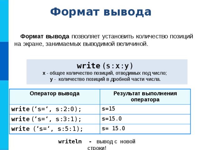 Формат вывода Формат вывода позволяет установить количество позиций на экране, занимаемых выводимой величиной. write ( s:x:y) x - общее количество позиций, отводимых под число;  y - количество позиций в дробной части числа. Оператор вывода write ( ‘s=‘, s:2:0); Результат выполнения оператора write ( ‘s=‘, s:3:1); s=15 s=15.0 write  ( ‘s=‘, s:5:1); s= 15.0 write ln - вывод c новой строки! 