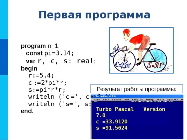 Первая программа program n_1;  const  pi=3.14;  var  r, c, s: real ; begin  r:=5.4;  c  :=2*pi*r;  s:=pi*r*r;  writeln ('c  =', c :6:4);  writeln ('s=', s:6:4) end. Результат работы программы: Turbo Pascal  Version 7.0 c = 3 3. 9120 s = 91 . 5624 
