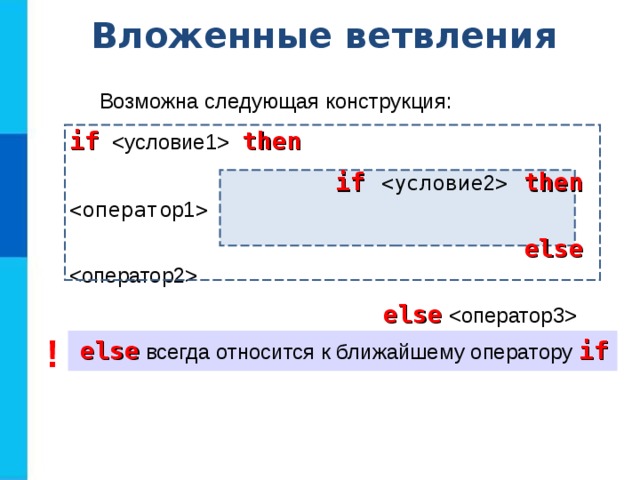 Вложенные ветвления  Возможна следующая конструкция: if    then   if  then     else    else   ! else всегда относится к ближайшему оператору if 