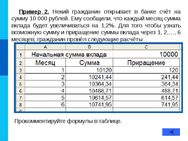 Пример 2. Некий гражданин открывает в банке счёт на сумму 10 000 рублей. Ему сообщили, что каждый месяц сумма вклада будет увеличиваться на 1,2%. Для того чтобы узнать возможную сумму и приращение суммы вклада через 1, 2,…, 6 месяцев, гражданин провёл следующие расчёты Прокомментируйте формулы в таблице. 