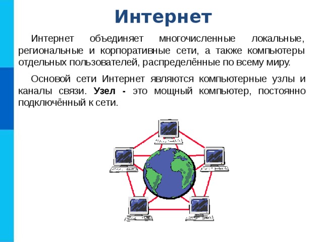Интернет Интернет объединяет многочисленные локальные, региональные и корпоративные сети, а также компьютеры отдельных пользователей, распределённые по всему миру. Основой сети Интернет являются компьютерные узлы и каналы связи. Узел - это мощный компьютер, постоянно подключённый к сети. 