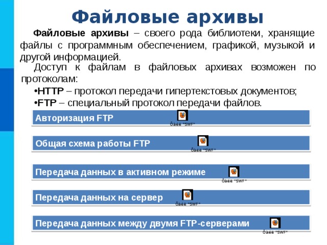 Файловые архивы Файловые архивы – своего рода библиотеки, хранящие файлы с программным обеспечением, графикой, музыкой и другой информацией. Доступ к файлам в файловых архивах возможен по протоколам: HTTP – протокол передачи гипертекстовых документов; FTP – специальный протокол передачи файлов. Авторизация FTP Общая схема работы FTP Передача данных в активном режиме Передача данных на сервер Передача данных между двумя FTP -серверами 