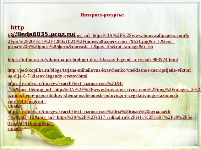 Интернет-ресурсы: http ://linda6035.ucoz.ru/   https://yandex.ru/images/search?img_url=https%3A%2F%2Fwww.tomswallpapers.com%2Fpic%2F201611%2F1280x1024%2Ftomswallpapers.com-79631.jpg&p=1&text= розы%20в%20росе%20фото& noreask =1&pos=55&rpt= simage&lr =65 https://infourok.ru/viktorina-po-biologii-dlya-klassov-legendi-o-cvetah-988524.html http://ped-kopilka.ru/blogs/tatjana-mihailovna-kravchenko/vneklasnoe-meroprijatie-viktorina-dlja-6-7-klasov-legendy-cvetov.html https://yandex.ru/images/search?text= папортник%20& lr =65&pos=0&img_url=https%3A%2F%2Fwww.brovarnya-rivne.com%2Fimg%2Fimages_3%2Frazmnozhenie-paporotnikov-shema-osobennosti-polovogo-i-vegetativnogo-razmnozheniya_13.jpg&rpt= simage https://yandex.ru/images/search?text= папортник%20на%20иван%20купала& lr =65&pos=12&img_url=https%3A%2F%2Fs017.radikal.ru%2Fi411%2F1607%2Fa9%2F5e015a0d491b.png&rpt= simage 