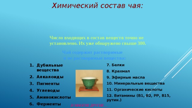 Химический состав чая: Число входящих в состав веществ точно не установлено. Их уже обнаружено свыше 300.  Чай содержит растворимые  и не растворимые вещества: Дубильные вещества Алкалоиды Пигменты Углеводы Аминокислоты Ферменты 7. Белки 8. Крахмал 9. Эфирные масла 10. Минеральные вещества 11. Органические кислоты 12. Витамины (В1, В2, РР, В15, рутин.)  И МНОГИЕ ДРУГИЕ… 