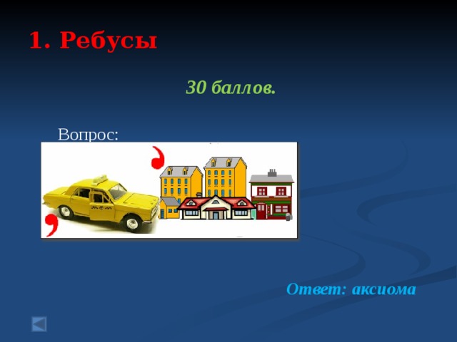 1. Ребусы   30 баллов.  Вопрос: Ответ: аксиома