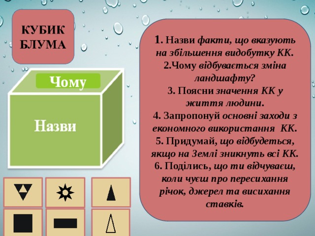 1 . Назви факти, що вказують на збільшення видобутку КК. 2.Чому відбувається зміна ландшафту? 3. Поясни значення КК у життя людини. 4. Запропонуй основні заходи з економного використання КК. 5. Придумай, що відбудеться, якщо на Землі зникнуть всі КК. 6. Поділись, що ти відчуваєш, коли чуєш про пересихання річок, джерел та висихання ставків. Чому 