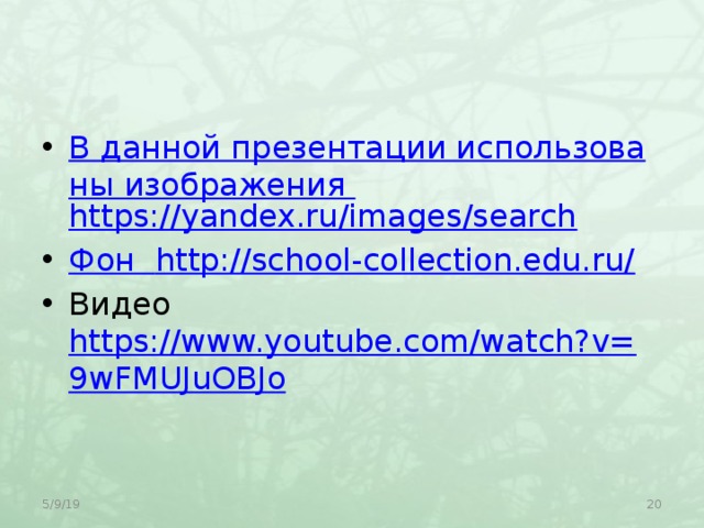 В данной презентации использованы изображения https://yandex.ru/images/search Фон http://school-collection.edu.ru/ Видео https://www.youtube.com/watch?v=9wFMUJuOBJo 5/9/19  