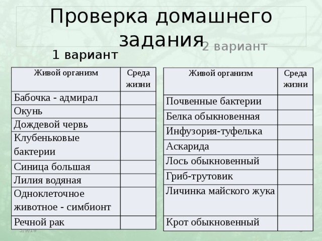 Проверка домашнего задания 1 вариант 2 вариант Живой организм Среда жизни Бабочка - адмирал Окунь Дождевой червь Клубеньковые бактерии Синица большая Лилия водяная Одноклеточное животное - симбионт Речной рак Живой организм Среда жизни Почвенные бактерии Белка обыкновенная Инфузория-туфелька Аскарида Лось обыкновенный Гриб-трутовик Личинка майского жука Крот обыкновенный  5/9/19 