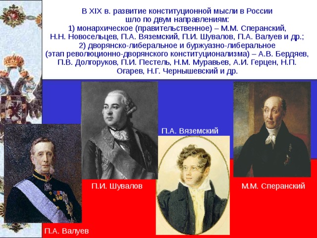 В XIX в. развитие конституционной мысли в России шло по двум направлениям: 1) монархическое (правительственное) – М.М. Сперанский, Н.Н. Новосельцев, П.А. Вяземский, П.И. Шувалов, П.А. Валуев и др.; 2) дворянско-либеральное и буржуазно-либеральное (этап революционно-дворянского конституционализма) – А.В. Бердяев, П.В. Долгоруков, П.И. Пестель, Н.М. Муравьев, А.И. Герцен, Н.П. Огарев, Н.Г. Чернышевский и др. П.А. Вяземский М.М. Сперанский П.И. Шувалов П.А. Валуев 