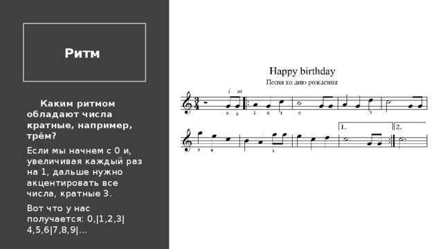 Ритм   Каким ритмом обладают числа кратные, например, трём? Если мы начнем с 0 и, увеличивая каждый раз на 1, дальше нужно акцентировать все числа, кратные 3. Вот что у нас получается: 0,|1,2,3|4,5,6|7,8,9|… 