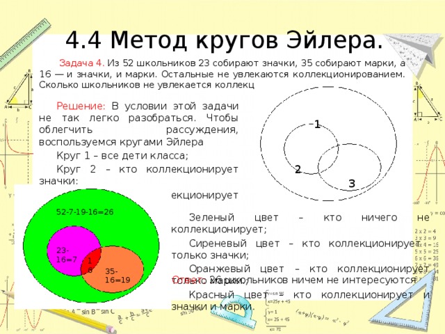 Метод эйлера. Из 52 школьников 23 собирают значки 35 собирают марки а 16 и значки и марки. Метод кругов Эйлера. Из 52 школьников 23 собирают значки 35. Метод кругов.