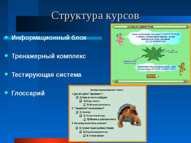 Структура курсов Информационный блок  Тренажерный комплекс  Тестирующая система  Глоссарий  