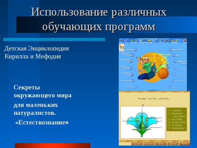 Использование различных обучающих программ Детская Энциклопедия Кирилла и Мефодия Секреты окружающего мира для маленьких натуралистов.  «Естествознание » 