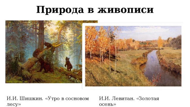 Природа в живописи И.И. Шишкин. «Утро в сосновом лесу» И.И. Левитан. «Золотая осень» 
