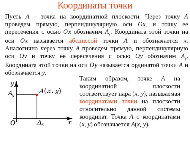 Координаты точки Пусть A – точка на координатной плоскости. Через точку A проведем прямую, перпендикулярную оси Ox , и точку ее пересечения с осью Ox обозначим A x . Координата этой точки на оси Ox называется  абсциссой  точки A и обозначается x . Аналогично через точку А проведем прямую, перпендикулярную оси О y и точку ее пересечения с осью О y обозначим A y . Координата этой точки на оси Oy называется ординатой точки А и обозначается y . Таким образом, точке А на координатной плоскости соответствует пара ( x , y ), называемая  координатами точки на плоскости относительно данной системы координат. Точка А с координатами ( x , y ) обозначается А ( x , y ). В режиме слайдов ответы появляются после кликанья мышкой  