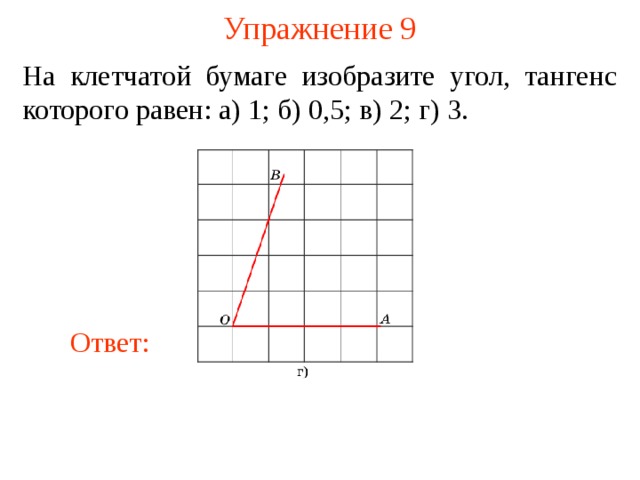 Упражнение 9 На клетчатой бумаге изобразите угол, тангенс которого равен: а) 1; б) 0,5; в) 2; г) 3. В режиме слайдов ответы появляются после кликанья мышкой Ответ:  
