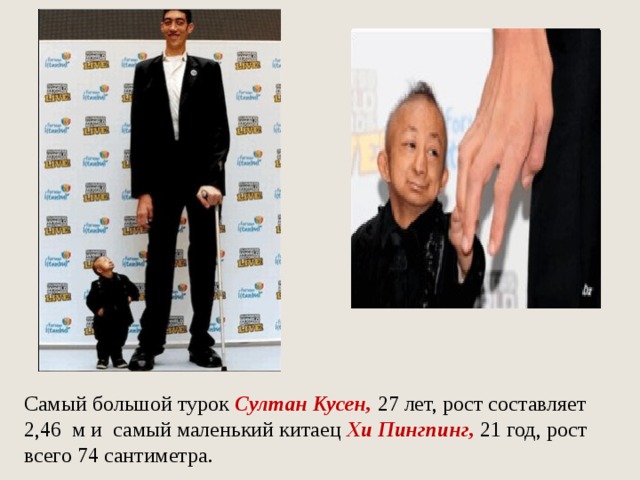 Самый большой турок Султан Кусен, 27 лет, рост составляет 2,46 м и самый маленький китаец Хи Пингпинг, 21 год, рост всего 74 сантиметра. 