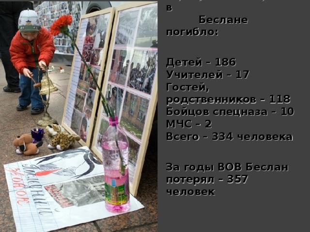 В результате теракта в  Беслане погибло:   Детей – 186 Учителей – 17 Гостей, родственников – 118 Бойцов спецназа – 10 МЧС – 2 Всего – 334 человека   За годы ВОВ Беслан потерял – 357 человек 