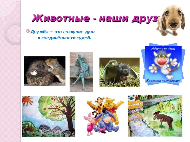 Животные - наши друзья  Дружба — это созвучие душ  в соединённости судеб.  