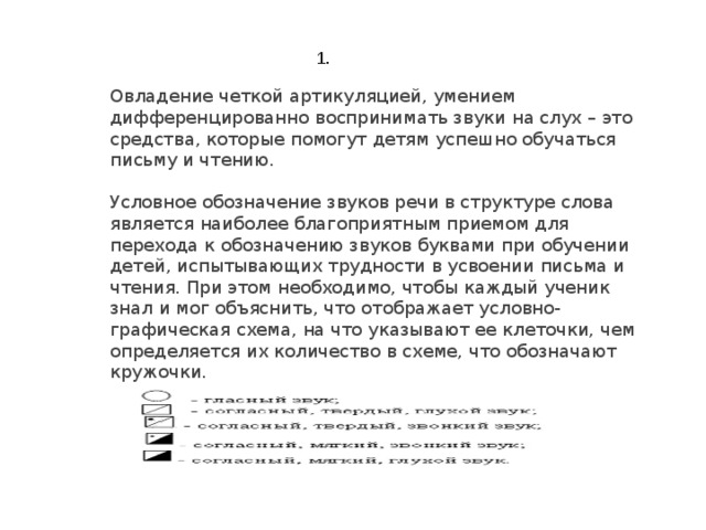 1. Овладение четкой артикуляцией, умением дифференцированно воспринимать звуки на слух – это средства, которые помогут детям успешно обучаться письму и чтению. Условное обозначение звуков речи в структуре слова является наиболее благоприятным приемом для перехода к обозначению звуков буквами при обучении детей, испытывающих трудности в усвоении письма и чтения. При этом необходимо, чтобы каждый ученик знал и мог объяснить, что отображает условно-графическая схема, на что указывают ее клеточки, чем определяется их количество в схеме, что обозначают кружочки. 