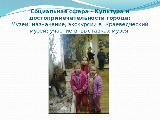 Социальная сфера - Культура и достопримечательности города:  Музеи: назначение, экскурсии в Краеведческий музей; участие в выставках музея 