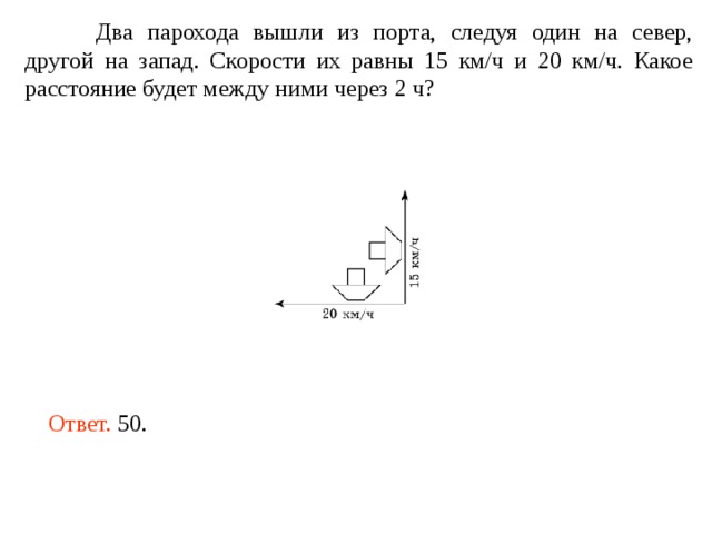  Два парохода вышли из порта, следуя один на север, другой на запад. Скорости их равны 15 км/ч и 20 км/ч. Какое расстояние будет между ними через 2 ч? Ответ. 50. 