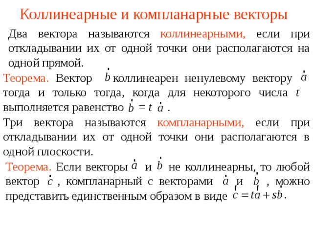 Коллинеарные и компланарные векторы Два вектора называются  коллинеарными,  если при откладывании их от одной точки они располагаются на одной прямой. Теорема.  Вектор  коллинеарен ненулевому вектору тогда и только тогда, когда для некоторого числа t выполняется равенство = t  . Три вектора называются  компланарными,  если при откладывании их от одной точки они располагаются в одной плоскости. В режиме слайдов ответы появляются после кликанья мышкой Теорема.  Если векторы  и  не коллинеарны, то любой вектор  , компланарный с векторами  и  , можно представить единственным образом в виде  