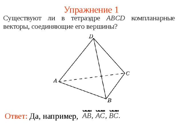 Упражнение 1 Существуют ли в тетраэдре ABCD компланарные векторы, соединяющие его вершины? В режиме слайдов ответы появляются после кликанья мышкой Ответ: Да, например,  