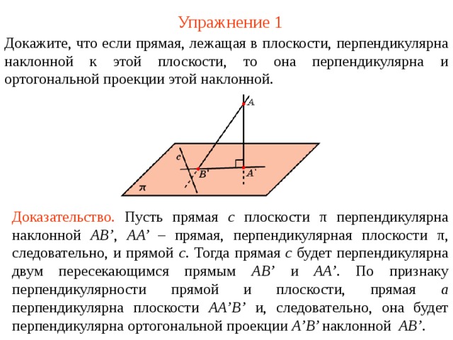 Упражнение 1 Докажите, что е сли прямая, лежащая в плоскости, перпендикулярна наклонной к этой плоскости, то она перпендикулярна и ортогональной проекции этой наклонной. Доказательство. Пусть прямая c плоскости π перпендикулярна наклонной AB’ ,  AA’ – прямая, перпендикулярная плоскости π , следовательно, и прямой c . Тогда прямая c будет перпендикулярна двум пересекающимся прямым AB’ и AA’ . По признаку перпендикулярности прямой и плоскости, прямая а перпендикулярна плоскости А A’ В ’ и, следовательно, она будет перпендикулярна ортогональной проекции A’B’ наклонной АВ ’ .  В режиме слайдов ответ появляется после кликанья мышкой.  
