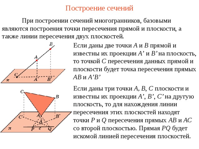 Построение сечений  При построении сечений многогранников, базовыми являются построения точки пересечения прямой и плоскости, а также линии пересечения двух плоскостей. Если даны две точки A и B прямой и известны их проекции A’ и B’ на плоскость, то точкой С пересечения данных прямой и плоскости будет точка пересечения прямых AB и A’B’ Если даны три точки A ,  B , C плоскости и известны их проекции A’ , B’ , C’ на другую плоскость, то для нахождения линии пересечения этих плоскостей находят точки P и Q пересечения прямых AB и AC со второй плоскостью. Прямая PQ будет искомой линией пересечения плоскостей. В режиме слайдов построение сечение производится по шагам, кликаньем мышкой  