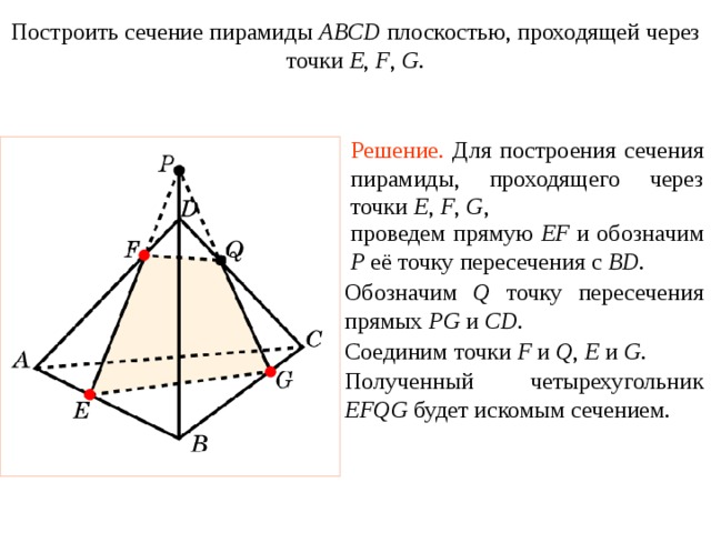 Построить сечение пирамиды ABCD плоскостью, проходящей через точки E , F , G . Упражнение 17 Решение.  Для построения сечения пирамиды, проходящего через точки E , F , G ,  проведем прямую EF и обозначим P её точку пересечения с BD . Обозначим Q точку пересечения прямых PG  и CD . Соединим точки F и Q , E и G . В режиме слайдов построение сечения производится по шагам, кликаньем мышкой Полученный четырехугольник EFQG будет искомым сечением.  