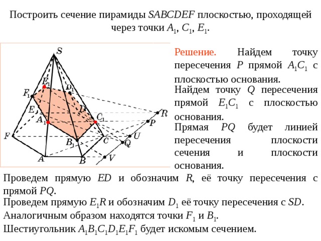 Построить сечение пирамиды SABCDEF плоскостью, проходящей через точки A 1 , C 1 , E 1 . Упражнение 2 2 Решение. Найдем точку пересечения P прямой A 1 C 1  с плоскостью основания. Найдем точку Q пересечения прямой E 1 C 1  с плоскостью основания. Прямая PQ  будет линией пересечения плоскости сечения и плоскости основания. В режиме слайдов построение сечения производится по шагам, кликаньем мышкой Проведем прямую ED и обозначим R , её точку пересечения с прямой PQ . Проведем прямую E 1 R и обозначим D 1 её точку пересечения с SD . Аналогичным образом находятся точки F 1  и B 1 . Шестиугольник A 1 B 1 C 1 D 1 E 1 F 1 будет искомым сечением.  